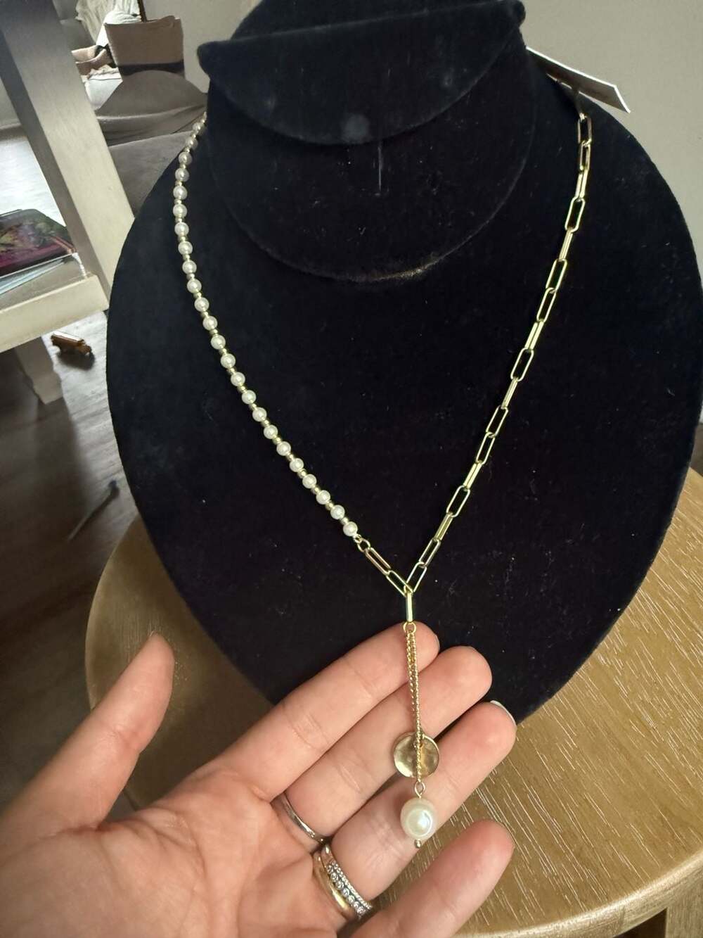 Lucky Brand Mixed Pearl And Paperclip Chain Lariat Necklace Gold